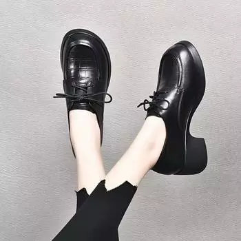 Round head platform women s shoes spring new lace-up small leather shoes thick heel thin first layer cowhide single shoes 35