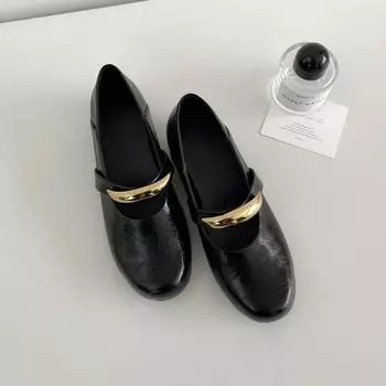 Round head retro metal buckle Mary Jane shoes inner height temperament one pedal shallow mouth ballet single shoes women 35