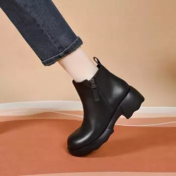 Round head short boots women s autumn and winter new straight boots double zipper women s leather boots cotton boots 35
