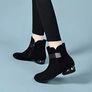 Round head short boots women s autumn and winter new low-heeled square buckle black sheepskin cotton boots women s leather boots casual flat boots 34