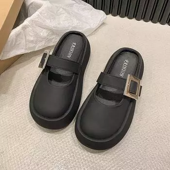 Round head thick-soled bag head half-drag new summer fashion one-button slippers casual muffin sole women s shoes 35