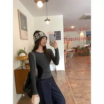 Round neck right shoulder splicing brushed thickened bottoming shirt top autumn and winter with slim waist long-sleeved T-shirt S