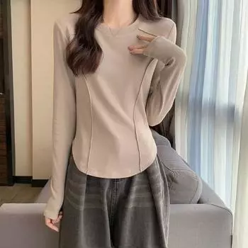 Round Neck Slim Fit Pullover Inregular T Shirts Women Stylish Long Sleeve T-shirt Spring M белый