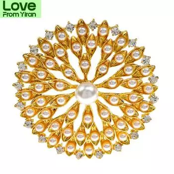 Round Pearl Flower Brooches For Women Wedding Bouquet Pin Gold Color Fashion Jewelry Coat Accessories