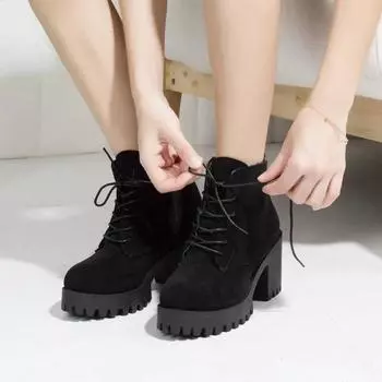 Round Toe Side Solid Women s Boots Hot Sale Zipper 2024 New Women s Shoes Ankle Fashion Front Lace-up Mid Heel Modern Boots 35 чёрный