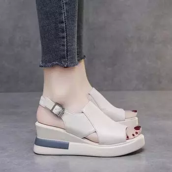 Round Toe Wedge Open Toe Sandals Summer New Soft Leather Soft Sole Non-slip Women s Shoes 35 бежевый