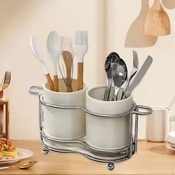 Round Utensil Holder Flatware Cutlery Storage Bracket Decorative Organizer for Cafe Short White