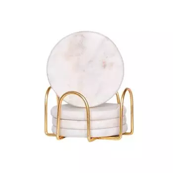 Round White Marble Coasters Set of 4 with Stand - Bar Wine Coasters for Table - Set of 4 Vintage Handmade