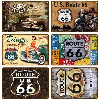 Route 66 Ретро Декоративный Дом Металлическая Вывеска Плакаты На Стене Жестяная Вывеска Винтажный Плакат Декор Настенное Искусство Украшение Комнаты 20 x 30cm