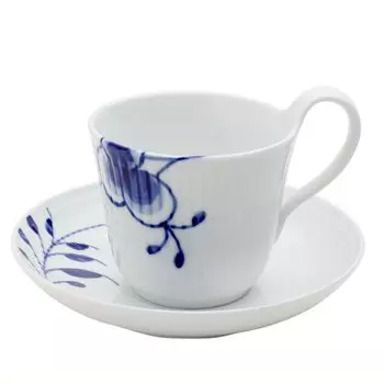 Royal Copenhagen 2382 Синяя рифленая чашка Mega 092 с высокой ручкой и блюдцем 240 мл Синяя рифленая и [Товар] синий