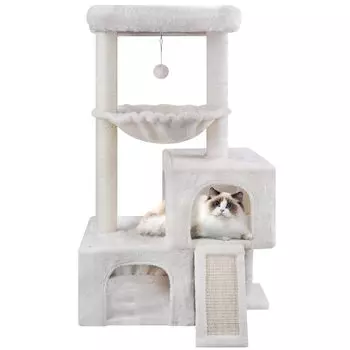 Roypet Cat Стационарная кошачья космическая когтеточка для кошек, пеньковая веревка, 95 см, игрушка в комплекте: башня, гамак, укрытие, дом, экономия, точилка, обертка, устойчивая, высота, (бежевый) бежевый