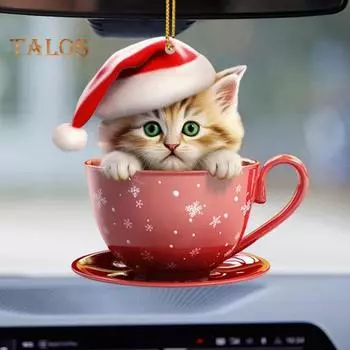 Рождественский Кот Автомобильный Кулон 2D Акриловое Зеркало Заднего Вида Декоративное Украшение Рождественская Елка Украшение Подарок A
