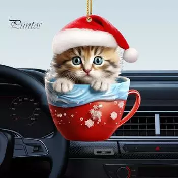 Рождественский Кот Автомобильный Кулон 2D Акриловое Зеркало Заднего Вида Декоративное Украшение Рождественская Елка Украшение Подарок A