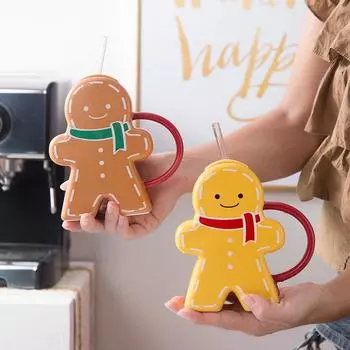 Рождественский мультфильм милый креативный пряничный человечек керамическая чашка с высоким внешним видом и крышкой соломенная кружка подарок жёлтый