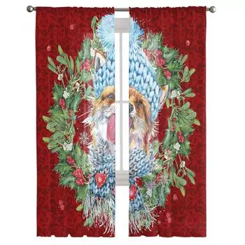 Рождественский венок с лисой, красные фрукты, акварель, вуаль, прозрачные шторы для гостиной, тюль, оконная занавеска, шторы для спальни, домашний декор 135W x 114H(cm)