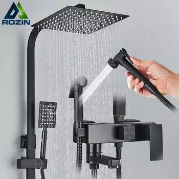 Rozin Rainfall Набор смесителей для душа для ванной комнаты со смесителем для биде, черная настенная латунная система для ванной комнаты со стойкой, изливом для ванны