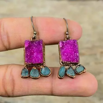 Розовые серьги Druzy, медные серьги с гальванопластикой, неоновые апатитовые грубые серьги, ювелирные изделия из гальванопластических драгоценных камней, серьги ручной работы, подарок на помолвку