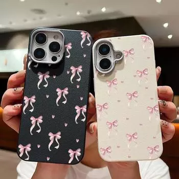 Розовый чехол с бантом для iPhone 16 Pro 15 14 Plus 13 12 Pro Max 11, противоударный кожаный текстурный мягкий тонкий матовый чехол из ТПУ iPhone 16 чёрный