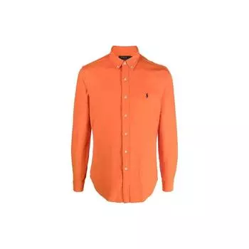Рубашка мужская Polo Ralph Lauren однотонная, с острым воротником, однобортная, приталенного кроя, с длинным рукавом, оранжевая 710818761-019 XS