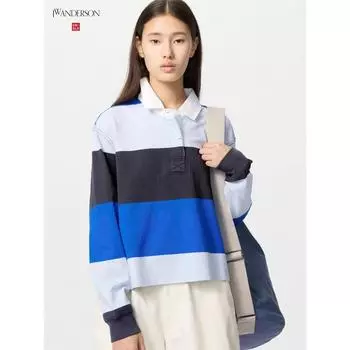 Рубашка поло Uniqlo Boxy Ruger с длинным рукавом в полоску 64 BLUE/WOMEN XS