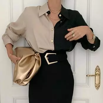 Рубашка с длинными рукавами в стиле ретро в корейском стиле Chic Color Block, коллекция осень 2022 г. L