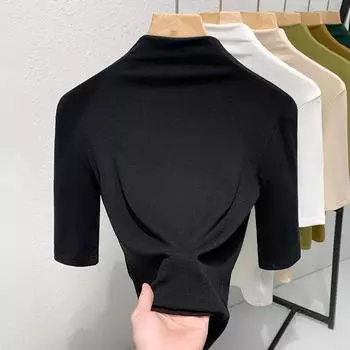 Рубашка Thread Base для женщин, новая женская одежда, однотонная футболка с полувысоким воротом, темперамент, топ с рукавами-пятью S чёрный