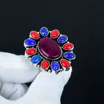 Рубин, Красный Коралл, Кольцо с Драгоценным Камнем Лазурит, Кольцо из Стерлингового Серебра 925 пробы, Подарок для Нее, Овальный Камень, Элегантное Кольцо Ручной Работы, Серебряное Кольцо с Цветком US 4 красный