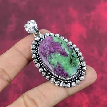 Ruby Zoisite Jewelry, 925 Solid Sterling Silver, Lovely Gemstone Jewelry, Handmade Chain Pendant, Gift For Girl 2.55 Inches зелёный