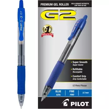 Ручка-роллер Pilot G2 Gel Blue Dozen, выдвижная, заправляемая, чернила, толщина 0,7 мм, (пункт) синий