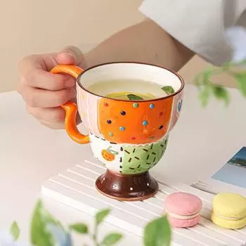 Ручной рисунок рельефные керамические чашки для домашнего хозяйства, кружки для питья объемом 350 мл, чашка с высокой ножкой, Design Sense, кофе, симпатичная посуда для молочных напитков 350ML