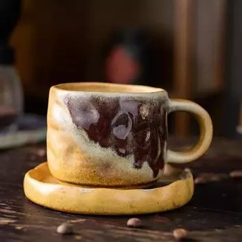 Ручные грубые керамические кофейные чашки и блюдца, винтажные керамические кружки для латте с цветочным узором, керамические кружки для домашнего хозяйства, чайные чашки 270 мл 270ML
