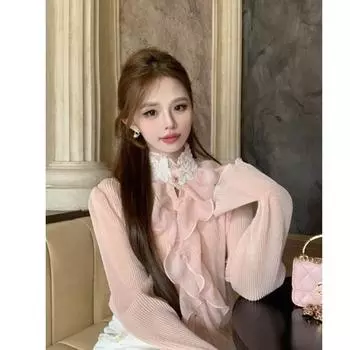 Ruffles Patchwork Fall and Winter French Bell Sleeve Lace Pink S