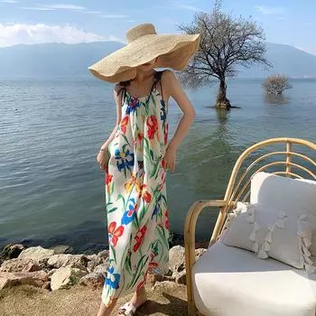 RUGOD Санья, пляжное платье для морского курорта, женское новое летнее платье на подтяжках с принтом, длинное платье для туризма, Хайнань S белый