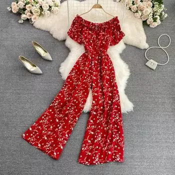 RUGOD Seaside Holiday Leaf Lotus Leaf на одно плечо с открытыми плечами, облегающий прямой комбинезон с широкими штанинами и цветочным принтом, модный комбинезон с талией One Size
