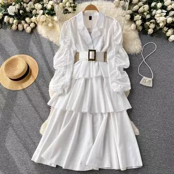 RUGOD Temperament Goddess Fan Sweet Dress Женское тонкое длинное платье Новое французское платье с пышными рукавами и талией