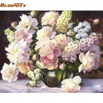 RUOPOTY рамка розовые цветы DIY картина по номерам современная акриловая краска на холсте живопись уникальный подарок для домашнего декора 40x50 см искусство 40x50CM NO Frame