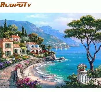 RUOPOTY рамка Средиземное море DIY картина по номерам морской пейзаж ручная роспись маслом дома стены искусства для гостиной