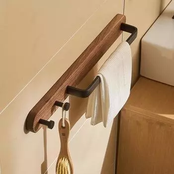 Rustic Burnt Wood Bathroom Towel Bar with Metal Rod, Wall Mounted Bath Towel Rack Bathroom Hook Row Hook 48-58cm