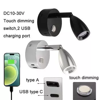 RV DC 12 В 24 В Тип C USB светодиодный диммируемый прожектор, небольшой светильник для чтения с USB-портом для зарядки, сенсорная регулировка яркости, теплая лампа для корабля 3000K warm white чёрный
