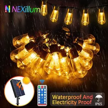 S14 Solar String Lights Outdoor Waterproof, 28FT 20 Bulbs Shatterproof Bulbs Patio Lights with Remote 8 Modes High-Brightness