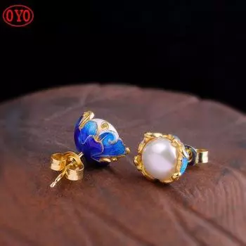 S925 Модные классические серьги-гвоздики с перегородчатой жемчужиной и синим жемчугом серебряный