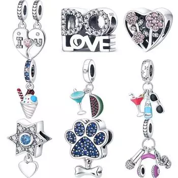 S925 Серебро I Love You Цветок Мороженое Напиток Лапа Принт Подвеска Изысканные Бусины Подходит Оригинальные Подвески Браслет Женщины DIY Ювелирные Изделия