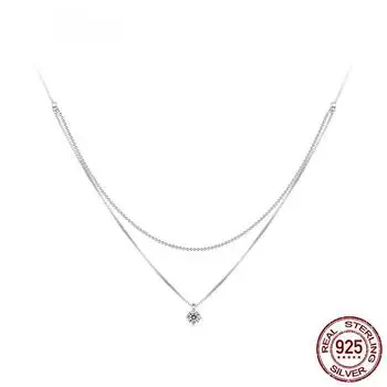 S925 серебро кулон с блестящим цирконием ожерелье двухслойная цепочка на шею для женщин обручальное свадебное ювелирное украшение