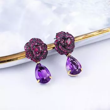 S925 Серебряные серьги с розами, темпераментные легкие роскошные серьги, серьги с натуральным аметистом и слезами розы, новый стиль 925 silver