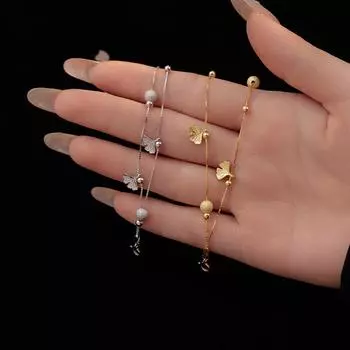 S925 Серебряный браслет Sansheng с абрикосом, двухслойный браслет с листьями гинкго и матовым жемчугом для женщин, сладкий и свежий подарок подруге Adjustable size