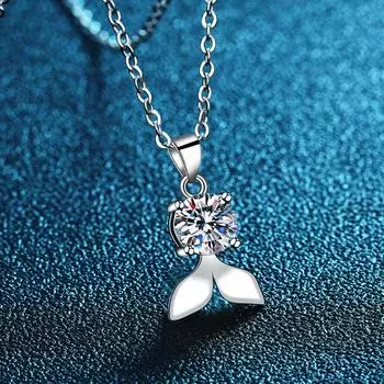 S925 Silver Cute Fishtail Necklace Female Little Fresh Mermaid Diamond Pendant Fashionable Girl Heart Collarbone Chain 925 Silver