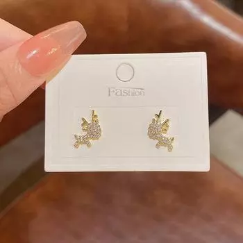 S925 Silver Deer Earrings with Micro-Inlaid Zircon: Trendy and Versatile Jewelry Piece золотой