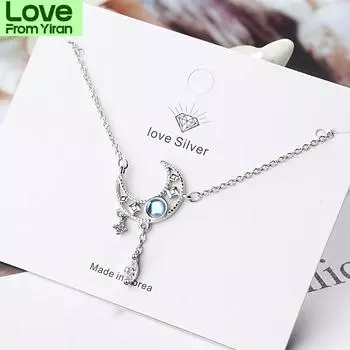 S925 Stamp Colorful Moonstone Clavicle Chain Necklace Silver Color Moon Zircon Tassel Necklace Jewelry For Women S -N508 40cm plus 3.5cm