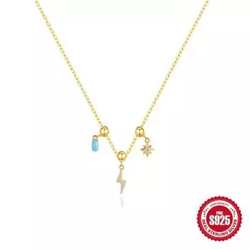 S925 Sterling Silver Charm Necklace Removable Adjustable Accessories Lightning Octagram Zircon Necklace 925 silver золотой
