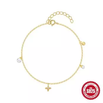 S925 Sterling Silver Daily Wear Simple Ladies Geometric Diamond-Set Pearl Bracelet Adjustable Jewelry Accessories 925 silver золотой